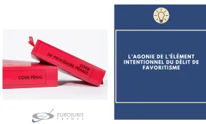 Deux codes rouges, "Code Pénal" et "Code de Procédure Pénale", symbolisent la loi. Le texte évoque le délit de favoritisme.
