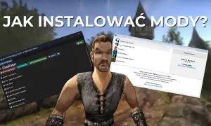 Postać z gry Gothic obok okienek programu do instalacji modyfikacji, pokazującego opcje modyfikacji gry komputerowej.