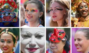 Gesichter mit bunter Schminke, Masken und traditionellen Kopfbedeckungen zeigen die kulturelle Vielfalt.