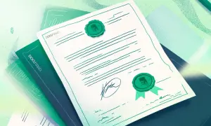Illustration d'un document officiel avec sceaux verts, signature et lignes manuscrites.