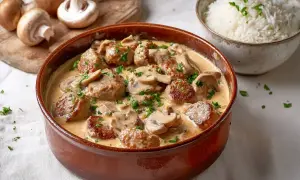 Herzhaftes schweinefilet mit champignons in cremiger Soße, garniert mit Petersilie. Daneben eine Schüssel Reis.