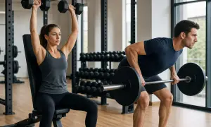 Frau hebt Hanteln, Mann hebt Langhantel. Sie machen ein effektives Split Training im Fitnessstudio.