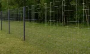 Solidne, ciemne słupki do siatki leśnej, idealne do zabezpieczenia terenu. Siatka z drobnymi oczkami, mocowana do słupków, tworzy trwałe ogrodzenie.