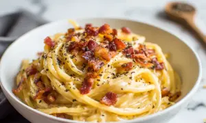En skål med krämig pasta alla gricia, toppad med krispigt bacon och nymalen svartpeppar.