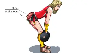 Donna in posa per stacchi a gambe tese, con muscoli glutei e ischiocrurali evidenziati.