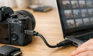 Kabel USB łączy aparat z laptopem, ułatwiając proces, jak zgrać zdjęcia z aparatu na komputer. Obok leży karta pamięci.