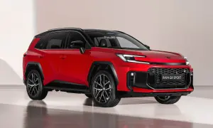 Röd Toyota RAV4 laddhybrid GR Sport med sportig design. Perfekt för en testkörning i sommarvärmen.