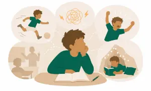 En pojke sitter vid ett bord och tänker på olika saker: springa, bli arg, läsa i en koja och vara i skolan. Tidiga tecken på adhd kan visa sig som svårigheter att fokusera.