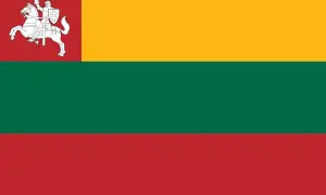 Flaga Litwy: czerwony pas z białym rycerzem na koniu, żółty pas, zielony pas, czerwony pas.