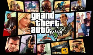 Kody GTA V PS5: kolaż postaci, pojazdów i logo gry.