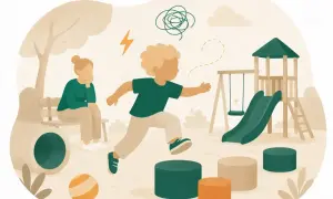 En energisk 4-åring med adhd hoppar över hinder på lekplatsen, medan en vuxen sitter fundersamt på en bänk.