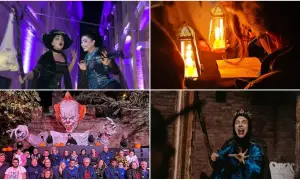 Scene di Halloween nelle Marche: streghe, un clown spaventoso, una regina malvagia e un gruppo di persone che leggono alla luce di candele.