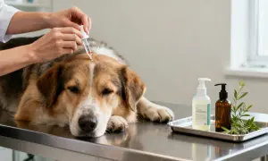 Veterinario aplica tratamiento en la cabeza de un perro para combatir piojos de perros.