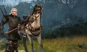 Geralt w zbroi z Wiedźmina 3, obok konia w ozdobnej uprzęży, gotowy na przygodę.