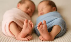 Deux adorables nouveau-nés endormis, l'un emmailloté dans du rose, l'autre dans du bleu. Leurs petits pieds, comme des prénoms en U, pointent vers l'avant.