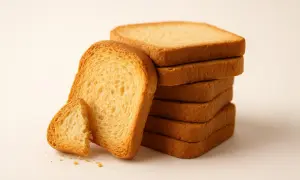 Una pila di fette biscottate dorate, alcune spezzate. Si dice che le fette biscottate facciano male, ma sono così invitanti.