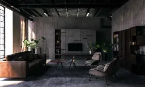 Nowoczesny salon w stylu high tech. Skórzana kanapa, fotele, stoliki kawowe i betonowe ściany tworzą industrialny klimat.