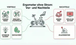 Übersicht über Ergometer ohne Strom: Vorteile wie Standortfreiheit und Nachhaltigkeit, aber auch Nachteile wie höherer Preis und Anlaufwiderstand.