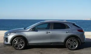 Grå disel bil parkerad vid havet.