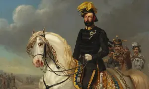En ståtlig man i militäruniform på vit häst, en del av en större scen som kan illustrera en del av svenska kungar tidslinje.