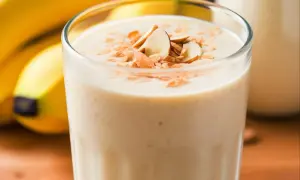 Sycące smoothie bananowe z płatkami migdałów i owsianymi.