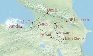 Eine Kaukasus Karte zeigt eine Reiseroute von Sumela über Batumi, Mestia, Vardsia, Tiflis, Sewansee, Tatev Kloster bis NP Lagodechi.