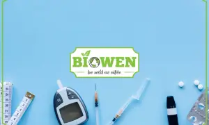 Glukometr, strzykawki, miarka i tabletki sugerują walkę z hiperinsulinemią. Logo Biowen podkreśla naturalne podejście.