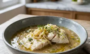 Un délicieux filet de poisson poché dans un bouillon parfumé, garni d'herbes fraîches. Une recette simple et savoureuse de cuisson court bouillon.