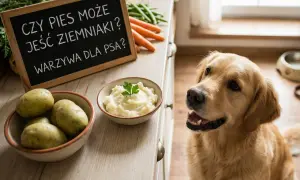 Złoty retriever patrzy na miskę z puree ziemniaczanym, a tabliczka głosi: "Czy psy mogą jeść ziemniaki?".