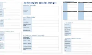 Modello di piano aziendale strategico con sezioni per Executive Summary, analisi SWOT, piano finanziario e sviluppo del servizio. Un report giornaliero completo.