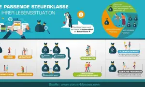 Infografik zeigt Steuerklassen für verschiedene Lebenssituationen. Nach der Heirat ist man automatisch in Steuerklasse 4, was für Verheiratete oft die beste Wahl ist.