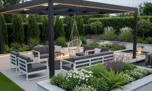 Elegantes patios modernos con asientos modulares, hoguera, columpio y cascada.