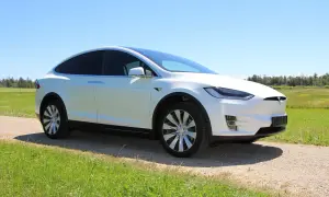 Biała Tesla Model X na tle zielonej łąki i lasu. Zastanawiasz się, ile kosztuje Tesla?