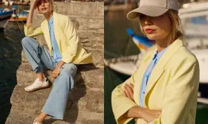 Kobieta w żółtej marynarce i jeansach, tworząca modne stylizacje nad wodą. W drugiej części zdjęcia w bejsbolówce.