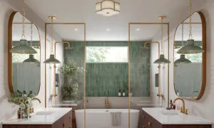 Elegant bathroom with dual vanities, a freestanding tub, and green tiled showers. Learn how to hang a bathroom mirror for a similar look.
