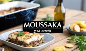 En portion moussaka med potatis ångar på ett fat. Bredvid syns en skål med potatisskivor och en flaska olivolja.