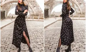 Elegancka sukienka w grochy, idealna na paryski spacer. Jakie dodatki do sukienki w grochy? Beret, rajstopy i botki w tym samym stylu.