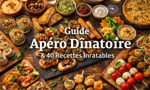 Table de présentation pour un apéro dînatoire : tartines, brochettes, verrines, quiche et dips. Un festin visuel !
