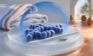 Grupka niebieskich bakterii, przypominających Streptococcus agalactiae, pod niebieską kopułą. Obok wymazówka i listek.
