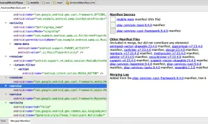 Le fichier manifest.xml montre les sources et les autres fichiers manifest inclus dans la fusion, avec des détails sur les dépendances.