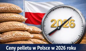 Stos worków pelletu, polska flaga i zegar wskazujący 2026 rok. Gdzie jest pellet? Ceny pelletu w Polsce w 2026 roku.