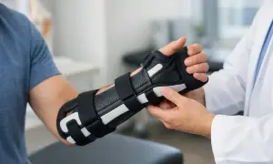Un medico applica un'ortesi al polso di un paziente. Le ortesi sono dispositivi medici che supportano e stabilizzano parti del corpo.