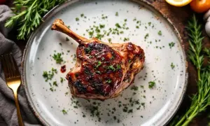 Jarret de porc demi-sel, parfaitement rôti, garni de persil frais. Une invitation à la dégustation.