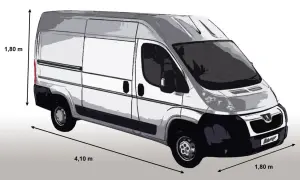 Biały van Peugeot Boxer, z wymiarami 4,10 m długości i 1,80 m wysokości, gotowy do transportu.