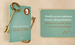 Książka "Mały modlitewnik Ojca Pio" z kluczami symbolizującymi otwarcie serca Boga. Modlitwa jest kluczem.