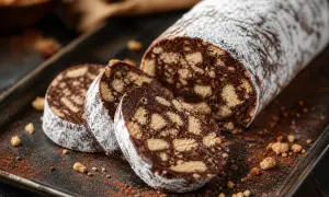 Salame dolce con cacao, un rotolo di cioccolato e biscotti sbriciolati, spolverato di zucchero a velo, pronto per essere gustato.