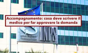 Edificio INPS con bandiera UE. Testo: "Accompagnamento: cosa deve scrivere il medico per far approvare la domanda". Utile per patologie per indennità accompagnamento.