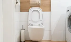 Cassetta a muro WC perde acqua, un problema comune in bagno. Si vede il water sospeso, il rotolo di carta igienica e la lavatrice.