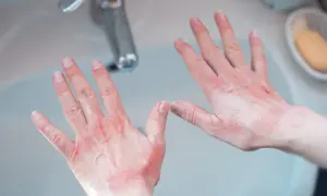 Pękająca skóra na palcach dłoni, zaczerwieniona i sucha, obok umywalki z kranem i mydłem.