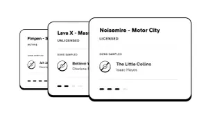 Three music cards show song titles and sampling status. One card, "Noisemire - Motor City," is licensed. Another, "Lava X - Mass," is unlicensed. The third, "Fimpen - S," is active. This visual helps understand how to clear a sample.
